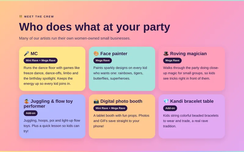 Mini Rave website: Who does what at your party. MC, face painter, roving magician, juggler, photo booth and kandi table (opens in a new tab)