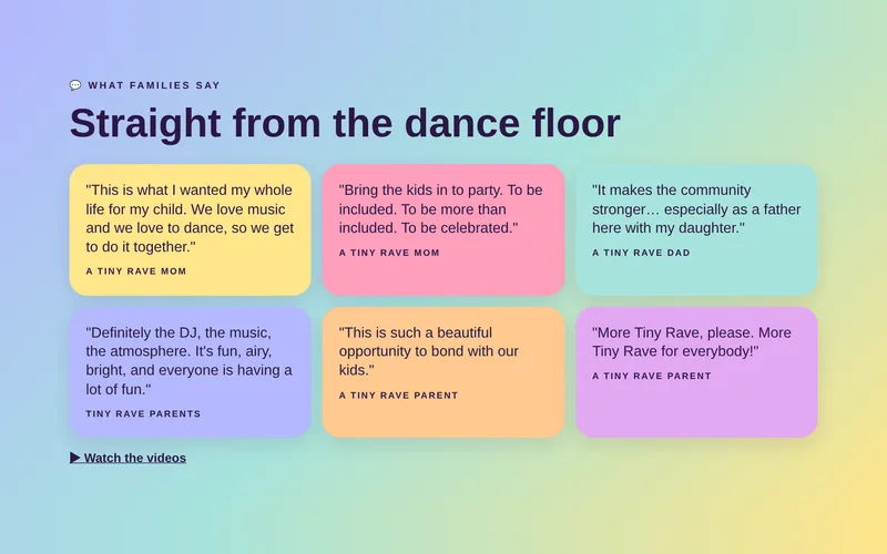 Mini Rave website: Straight from the dance floor. What Tiny Rave parents say (opens in a new tab)
