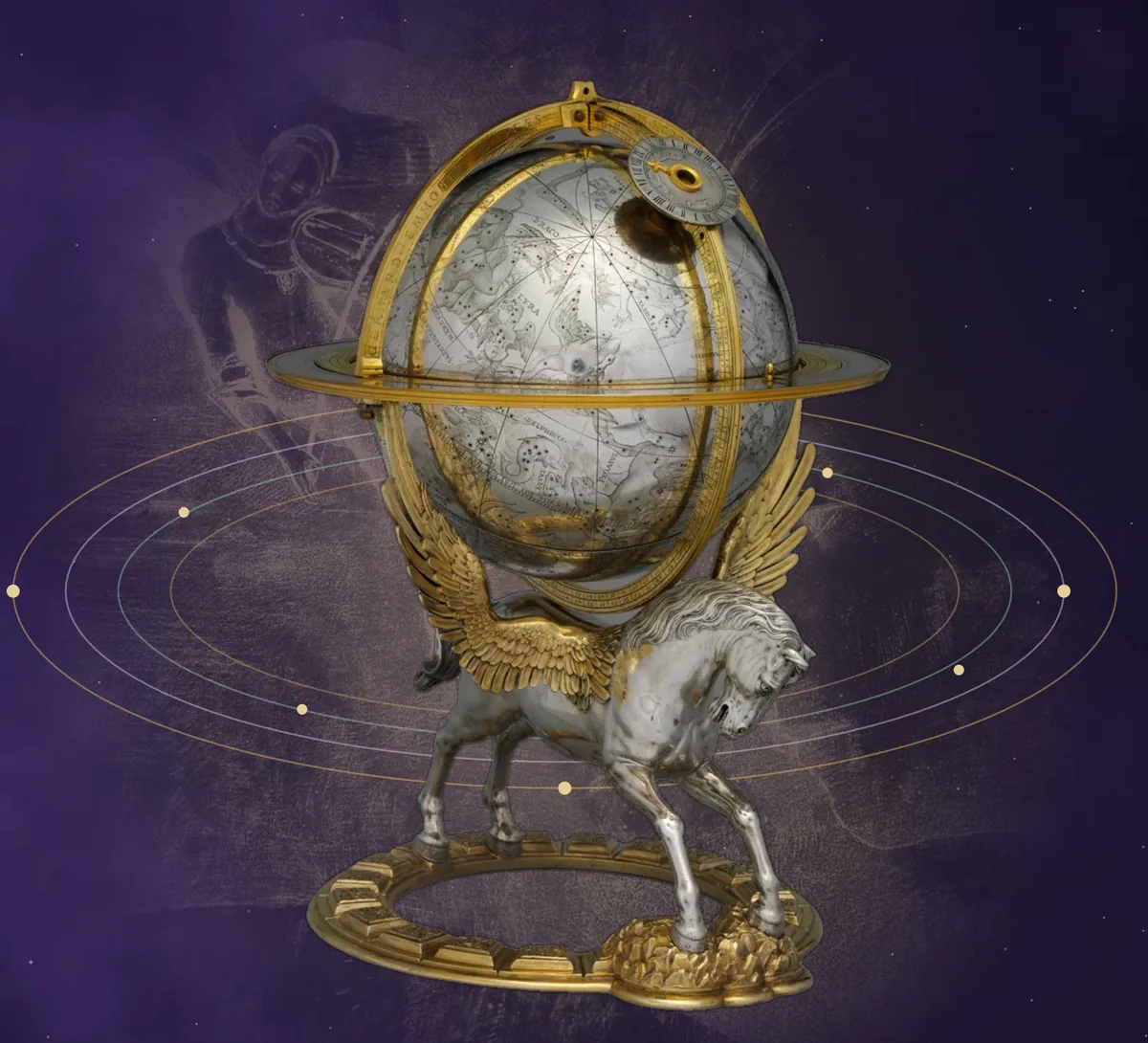 A gilded silver celestial globe with clockwork, held up by a winged horse