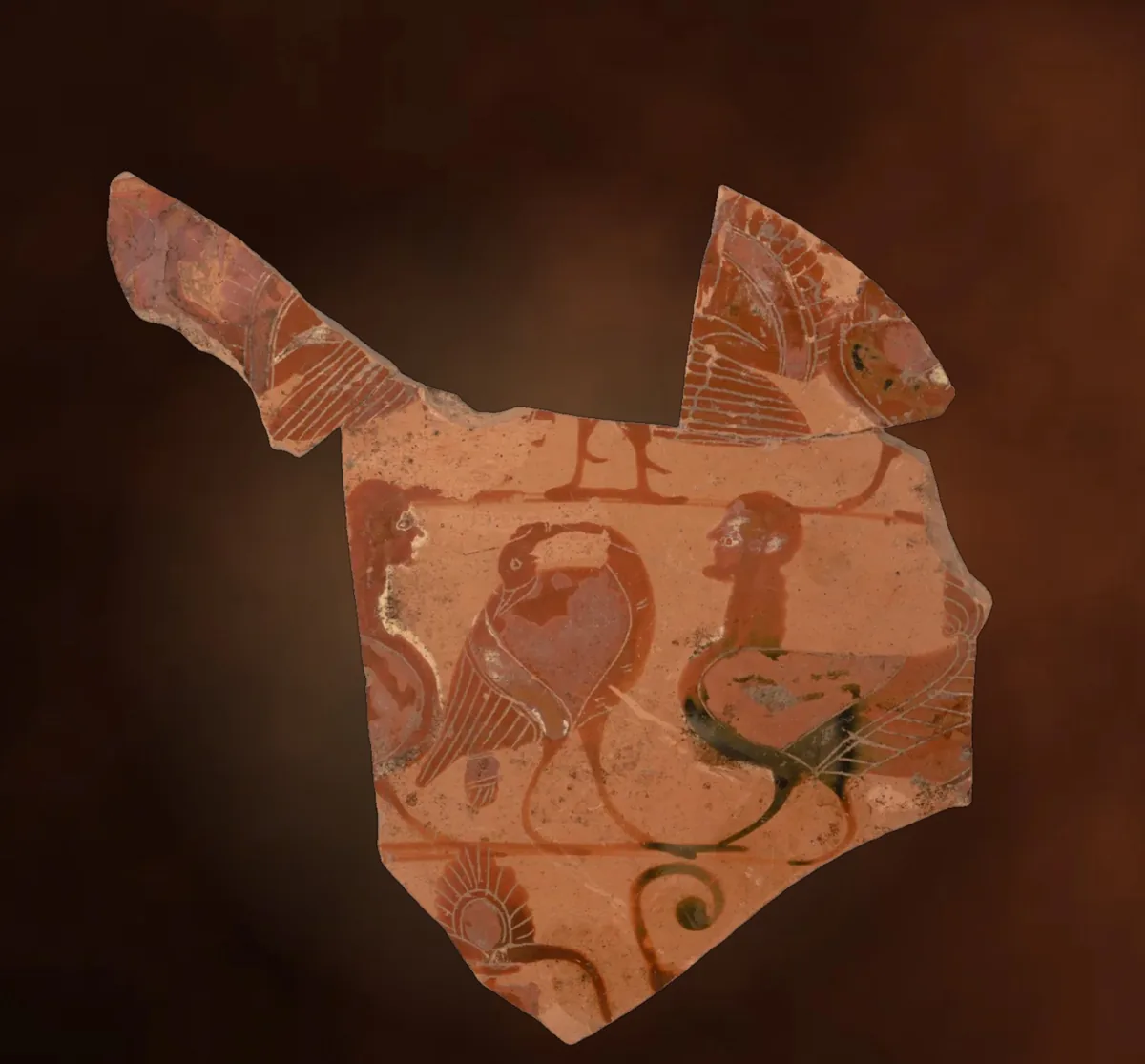 A painted Greek jar fragment showing two bird-bodied sirens