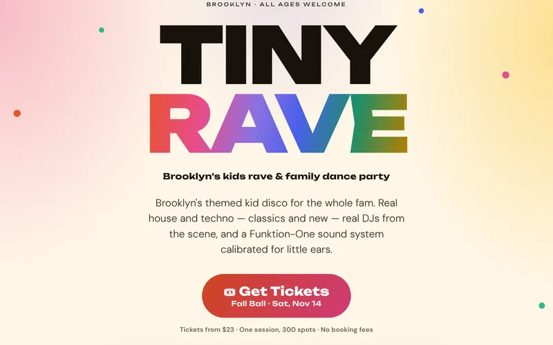 Tiny Rave website: the rainbow Tiny Rave logo, Brooklyn's kids rave and family dance party (opens in a new tab)