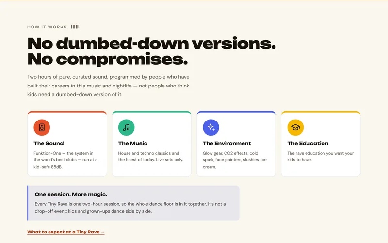 Tiny Rave website: No dumbed-down versions. No compromises. The sound, the music, the environment and the education (opens in a new tab)